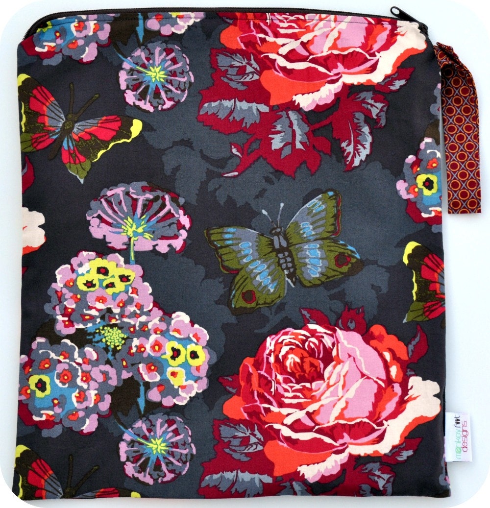 Large 14 x 16 x 4 Wet Bag  / Anna Marie Horner Lou Lou Thi Passion Clippings /  Diapers / Gym / Swim / SEALED SEAMS and Snap Strap