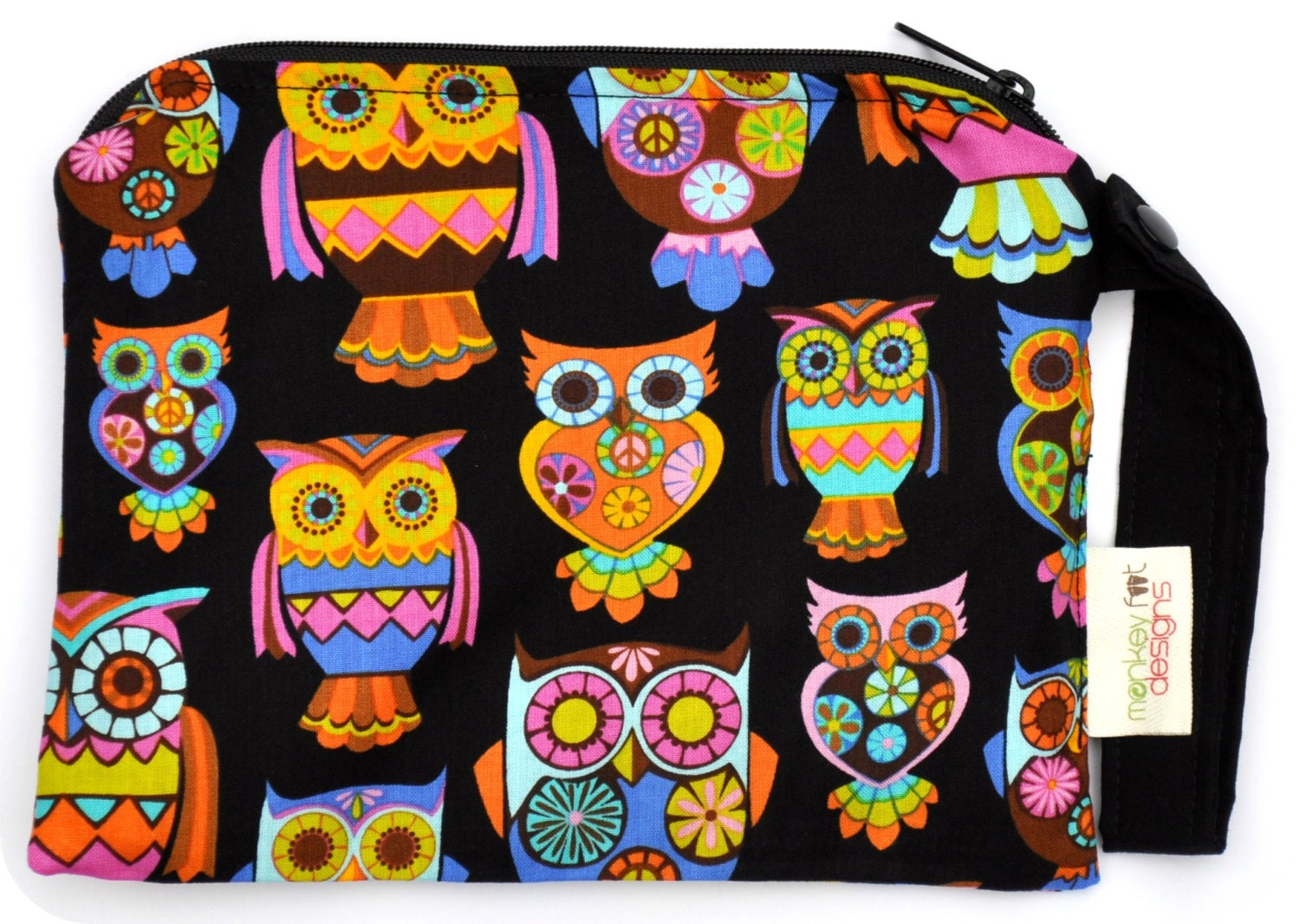 Small 9 x 7 Wet bag / Snack / Swim / Diapers / Bright Peace Owls Fabric / SEALED SEAMS and Snap Strap