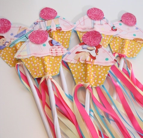 Set of 6 Whimsy Wendy Sewn BIRTHDAY Cupcake Wands with Trailing Ribbons - whimsywendy