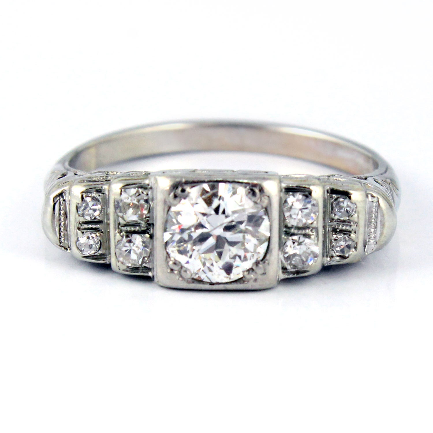 18K Art Deco Filigree European Cut Antique Diamond Engagement Ring
