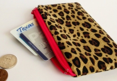 Zippered Coin Purse Wallet - Fabric Business Card Holder - Leopard and Hot Pink