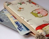 Zippered Coin Purse Wallet - Fabric Business Card Holder - Cream Spotted Owl
