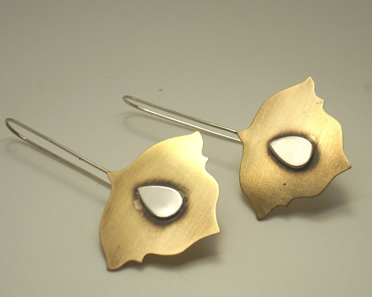 Modern Lotus brass and Argentium silver earrings