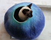 Cat Nap Cocoon / Cave / Bed / House / Vessel - Hand Felted Wool - Crisp Contemporary Design - READY TO SHIP  Teal to Blue Bubble