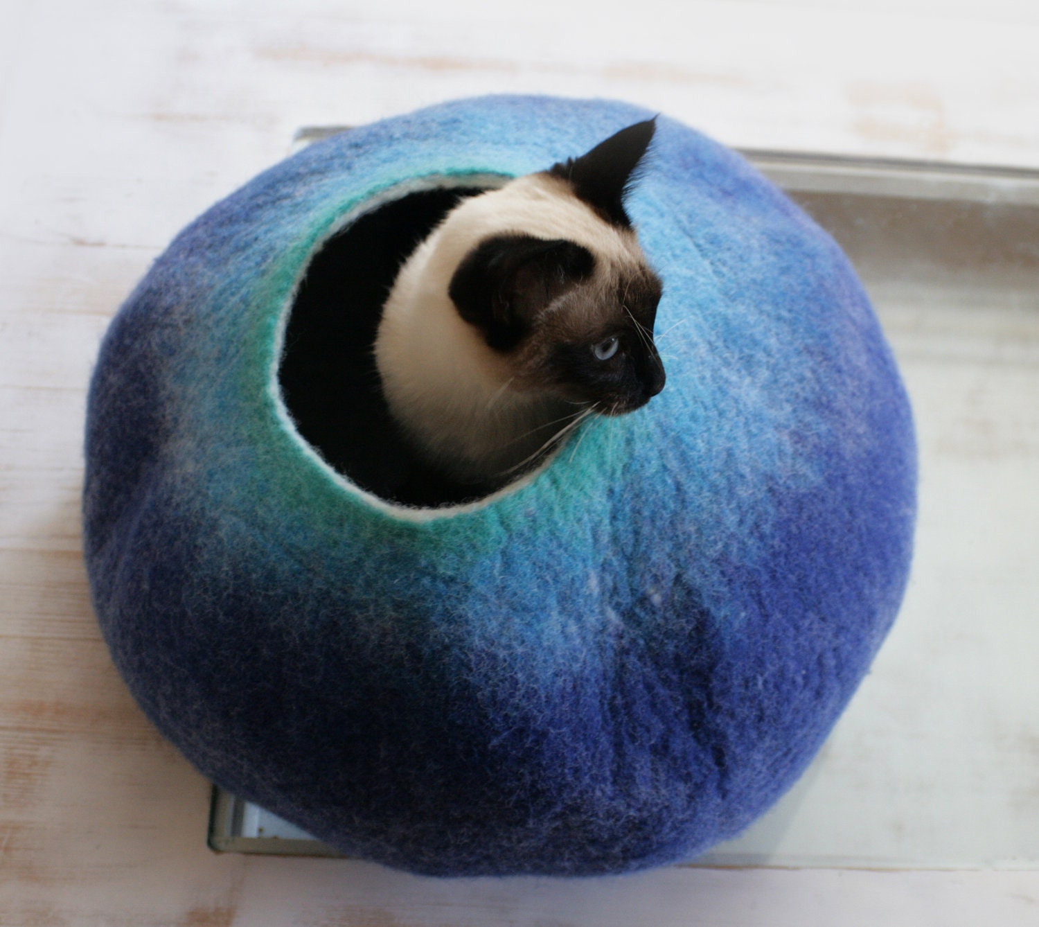 Cat Nap Cocoon / Cave / Bed / House / Vessel - Hand Felted Wool - Crisp Contemporary Design - READY TO SHIP Teal to Blue Bubble