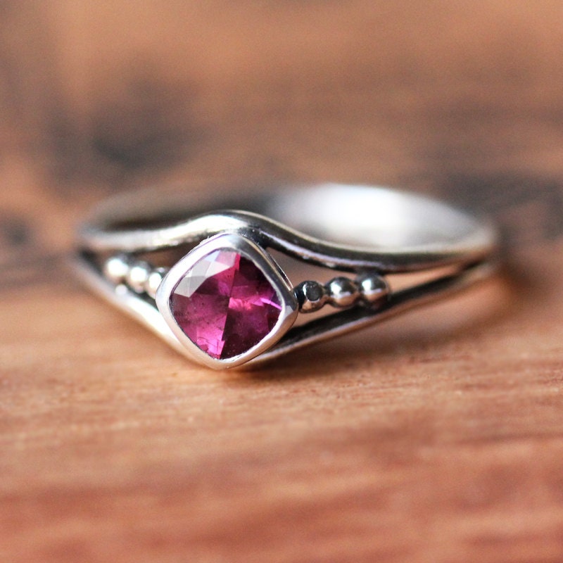 Rhodolite garnet ring - pink gemstone ring - bezel - recycled sterling silver - cushion - January birthstone - oxidized - made to order