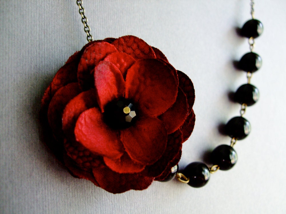 Fabric Flower Necklace,Deep Red Jewelry,Bridesmaid Necklace,Pearl Jewelry,Black Necklace (Free matching earrings)