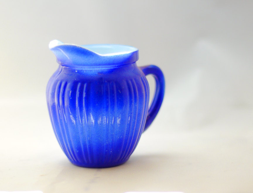 Vintage Antique Cobalt Blue Milk Glass Miniature Pitcher Creamer Jug Free Shipping