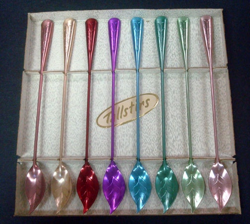 8 Aluminum Ice Tea Lemonade Spoons Unused in Box Mid Century