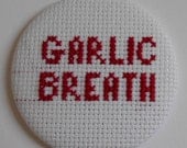SALE Garlic Breath Cross Stitch Pocket Mirror in Red on White - Rude Offensive Insulting