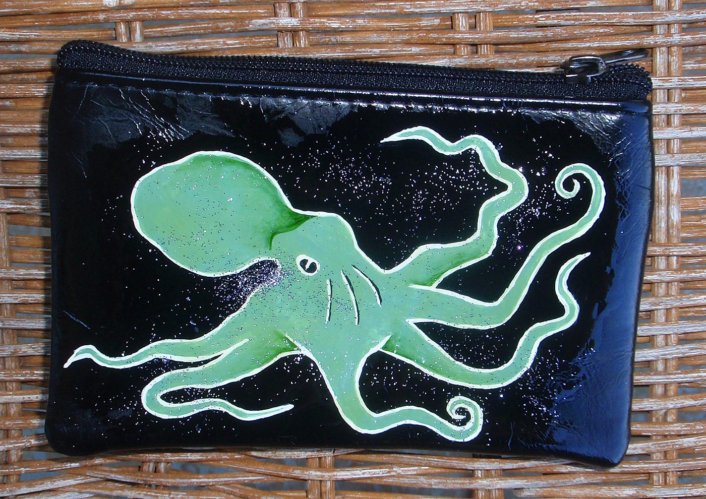 Sparkly Mint Green Octopus - Hand Painted Shiny Black Change Purse - Wallet - 25% Donated