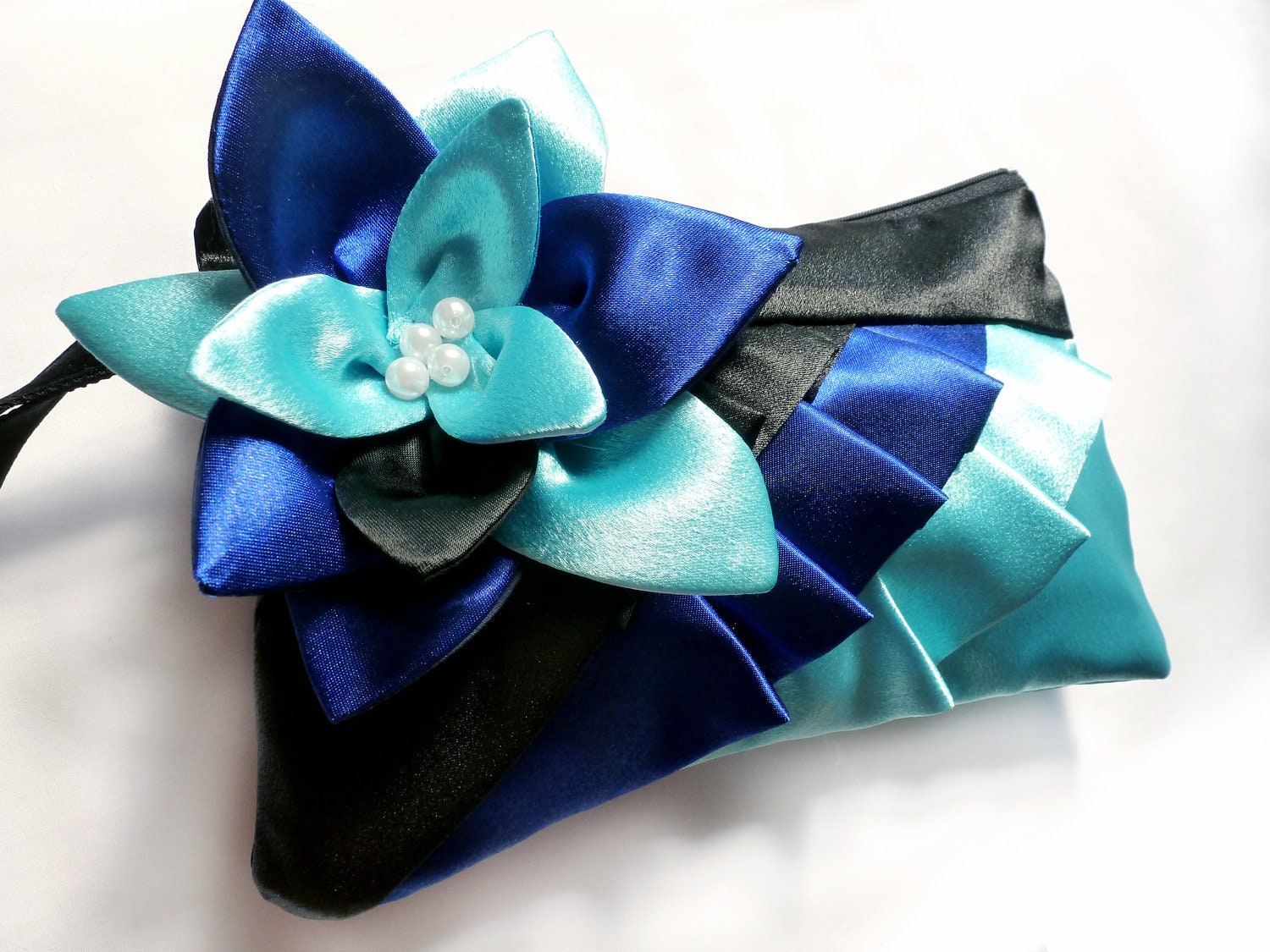 Black Blue and Turquoise diagonal satin ruffle wristlet with flower - handmadefun