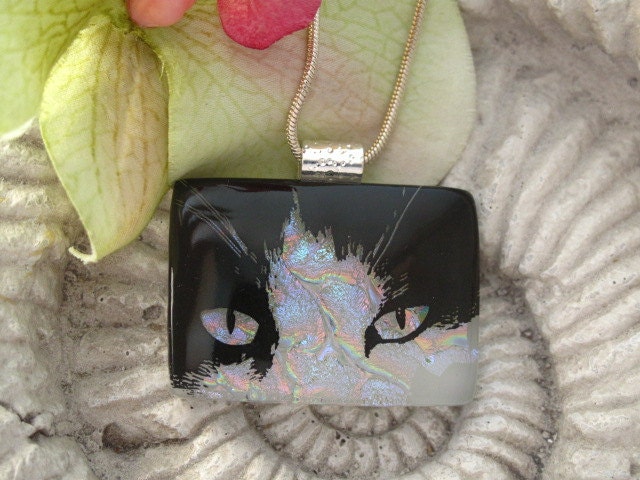 Cat Necklace - Dichroic Glass Necklace - Cat Pendant - Dichroic Fused Glass Jewelry - Fused Glass Jewelry - Mystic Thoughts 080712p10102