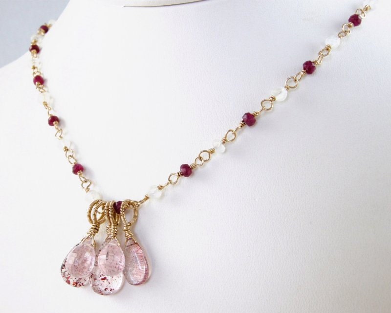 Ruby, Rose Quartz, Rainbow Moonstone and Lepidocrosite gemstone charm Necklace -Carina - elainehaydonjewelry