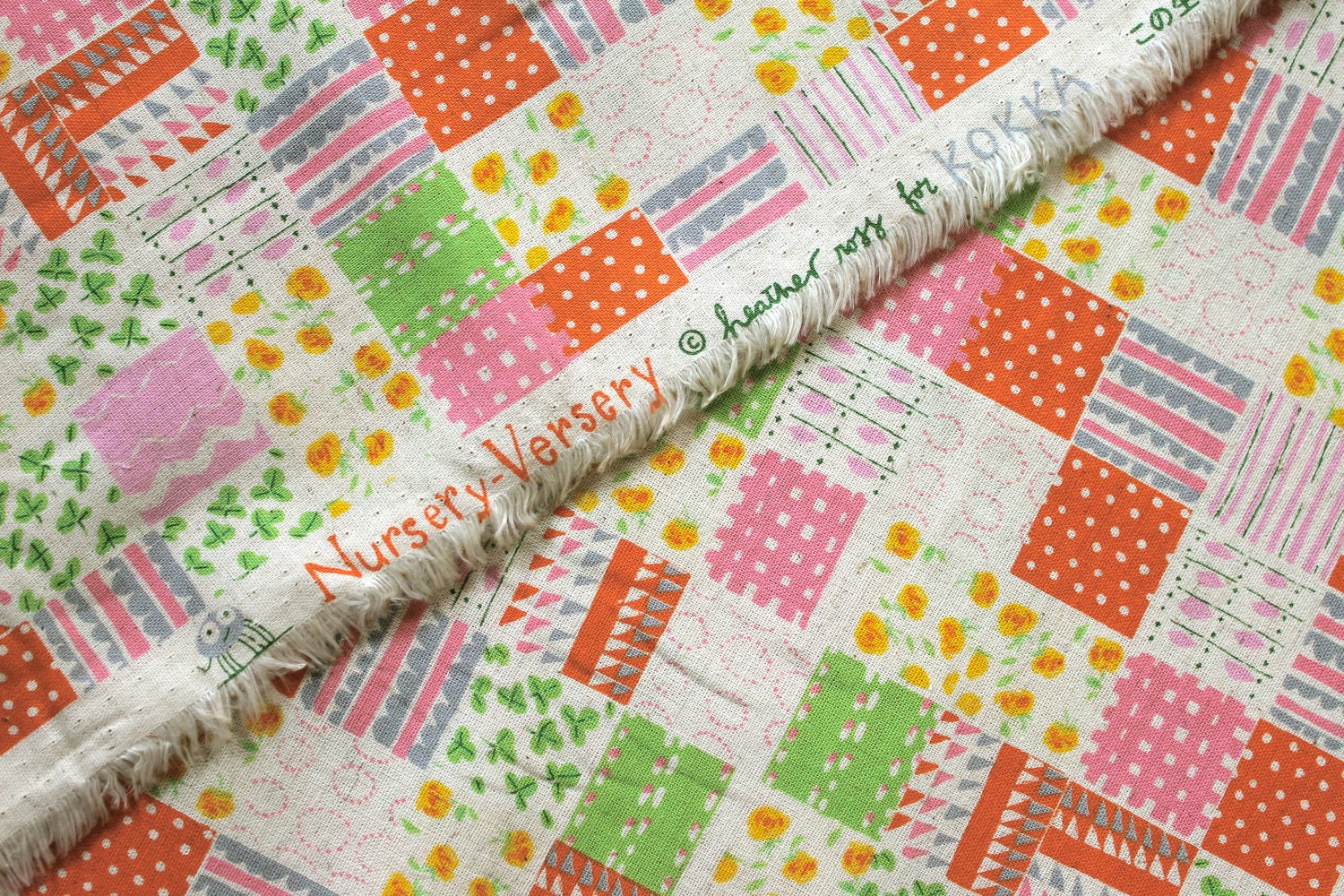 Japanese Fabric Heather Ross for Kokka Nursery Versery - Penny Patch - green and pink