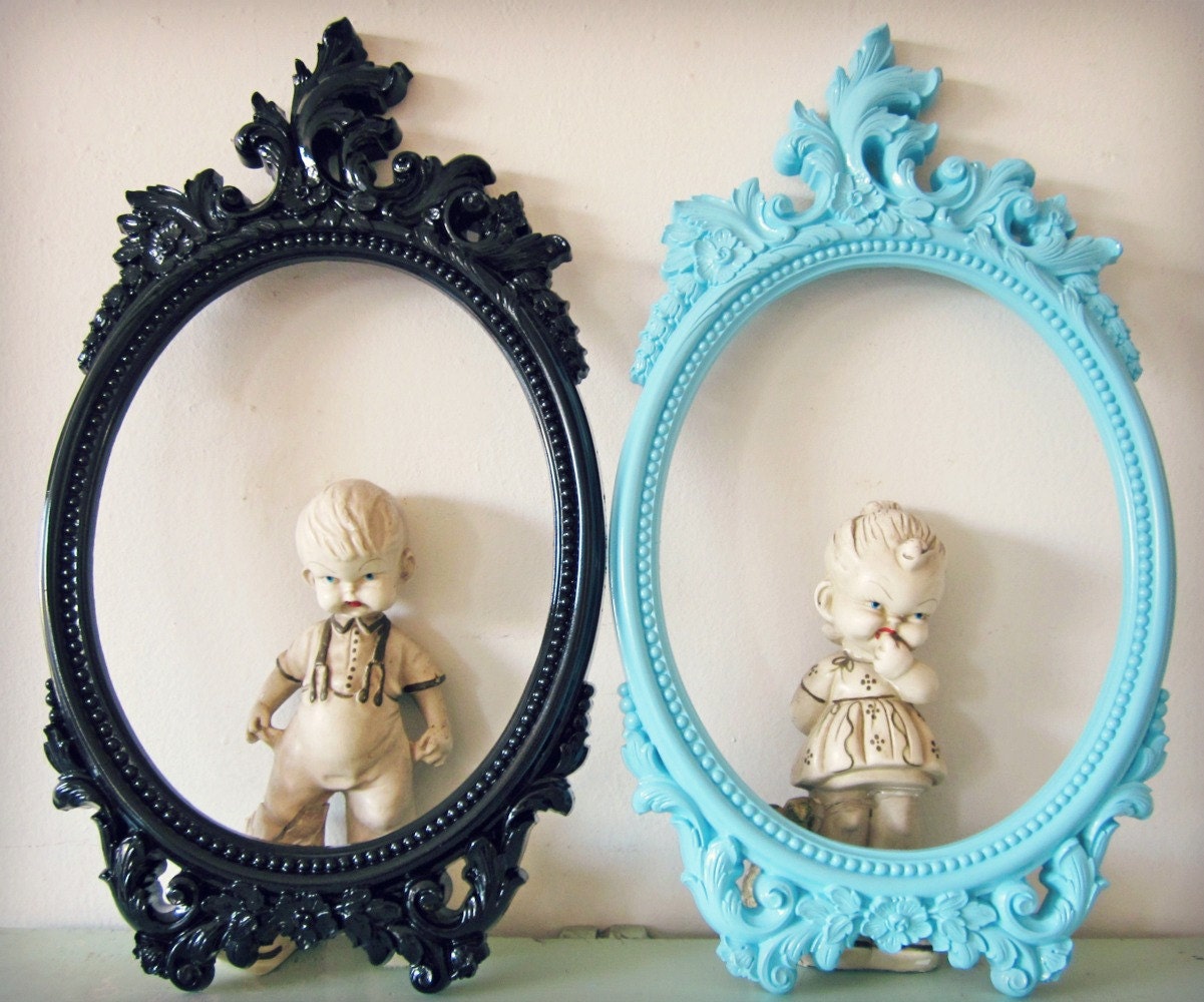 RESERVED for Irena Vintage Ornate Oval Frame Upcycled Wall Decor BLACK