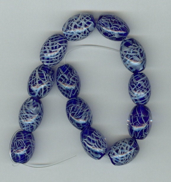 Royal Blue Matrix Glass Barrel Beads Set of 13