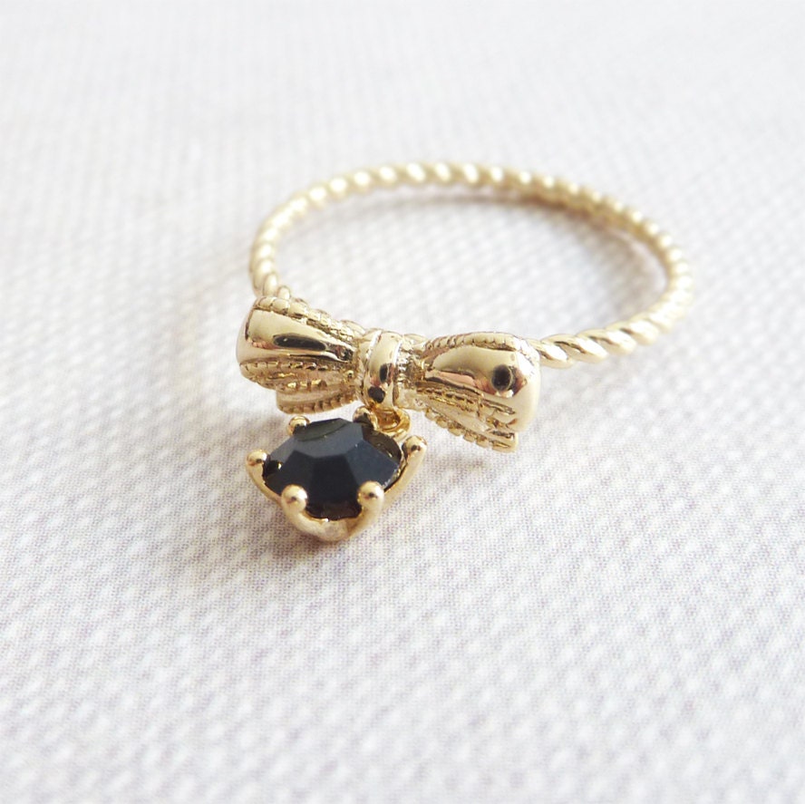 Bow Ring with Black Glass Bead. Stack Ring. Whimsical Ring.