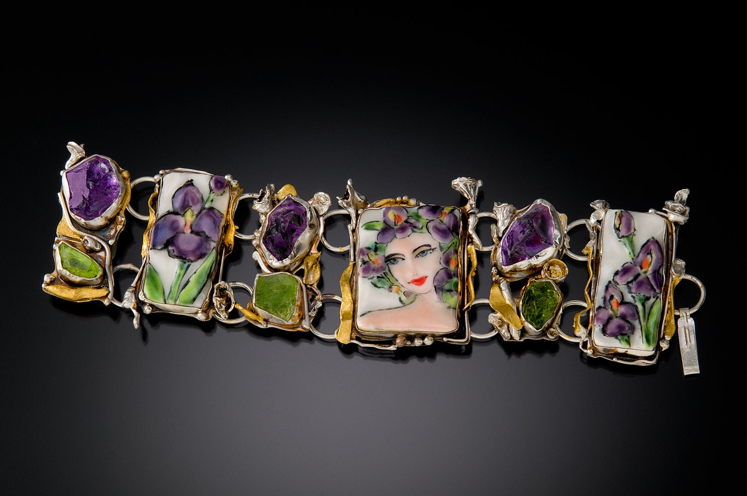 Iris Art Bracelet withRough Amethyst and Peridot in Silver and Gold