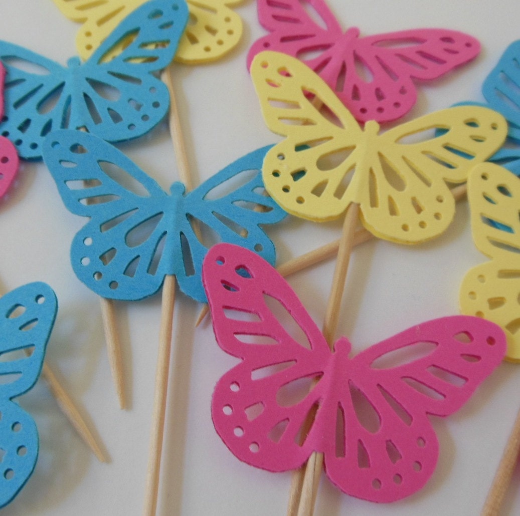 Items similar to Butterfly Cupcake Toppers Bright Pink, Yellow and Turquoise Birthday