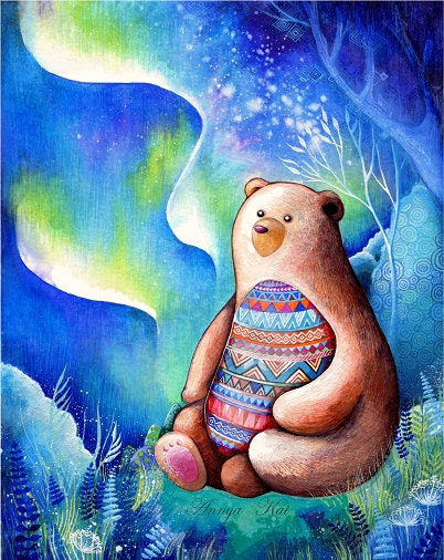 Black Bear Art - Painting Nature Aurora Borealis Wall Art  - Spirit Bear - Watercolor by Annya Kai
