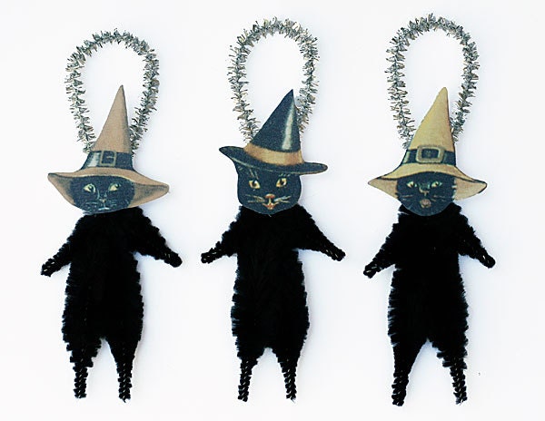 Black Cat Ornaments - Halloween Decor - Black Cats in Witch Hats