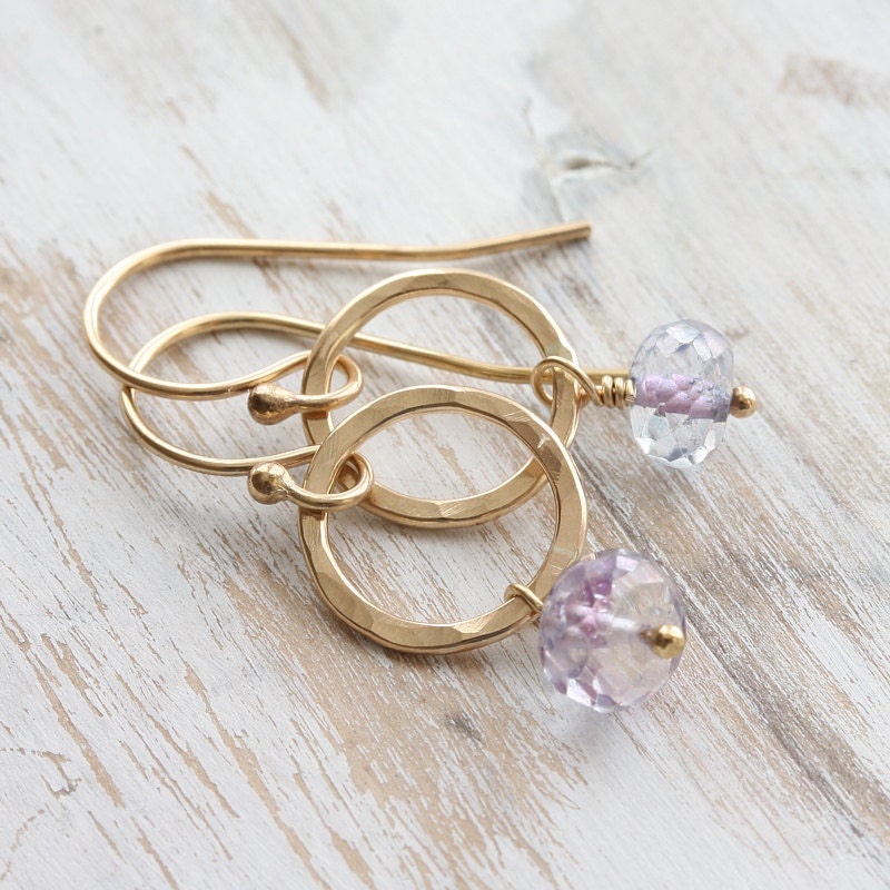 Halo - simple gold hammered circle earrings with mystic topaz - modern and minimalist