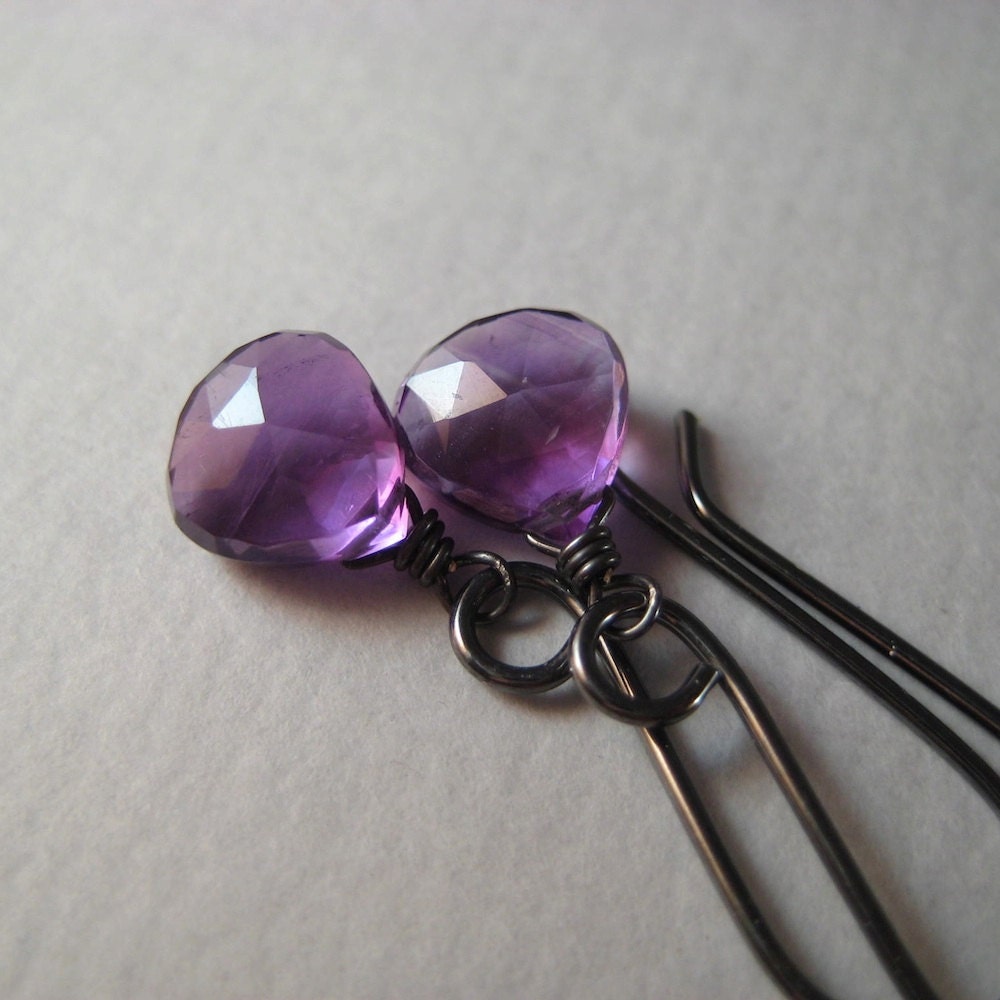 Amethyst Earrings, Faceted Amethyst Gemstone Briolette Sterling Silver Birthstone Earrings