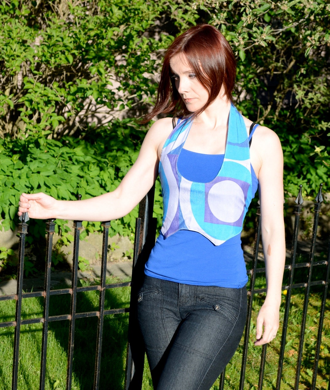 Geometric Blue Hues Halter Mod Allure Vest Reversible Retro