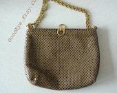 Vintage Whiting Davis Purse Shoulder Bag Khaki Tan Aluminum Mesh Medium 1980s