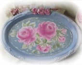 Vanity TRAY Shabby Chic Hand Painted FRENCH BLue/White Magnetic Pink Clay Roses ECS sct schteam