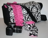 Camera Bag  Dslr 5 Lens Pockets Damask Pink Ruffle WD LG and Matching Camera Strap Cover Foam Padding