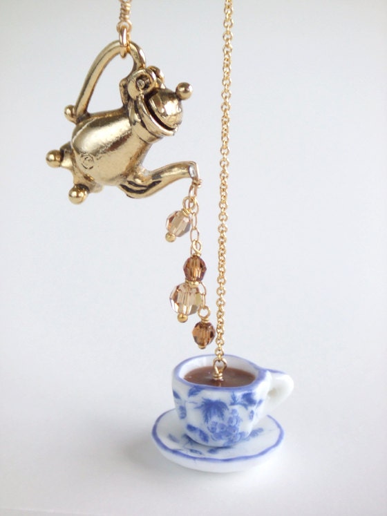Breakfast Coffee Lariat Necklace, Teapot Gold Jewelry, Blue China Tea Cup, Gift for Her