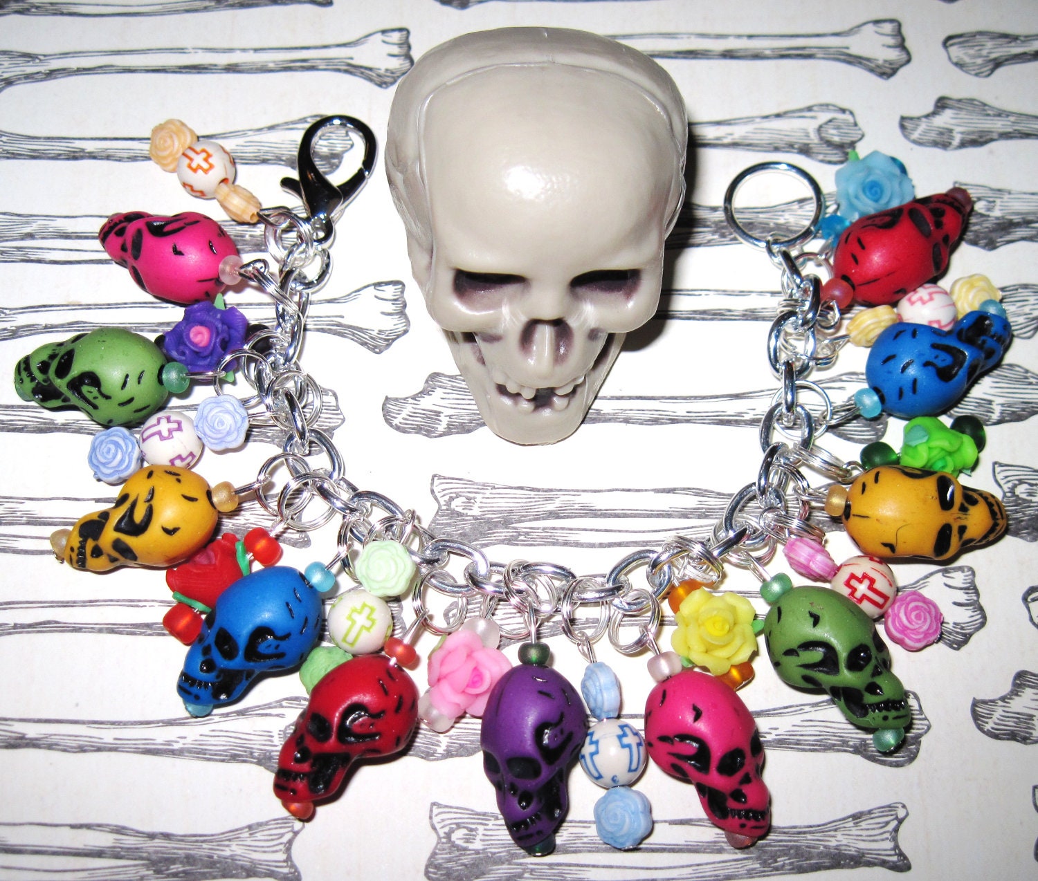 Sugar Skull Charm Bracelet Rainbow Day of The Dead Jewelry Dia De Los Muertos Beads Mexican Themed Jewelry OOAK Eclectic Statement Piece