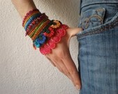 Watsonia Borbonica   ... Freeform Crochet Cuff - Flowers -  Magenta Orange Red Indigo Green - Beaded Beadwork