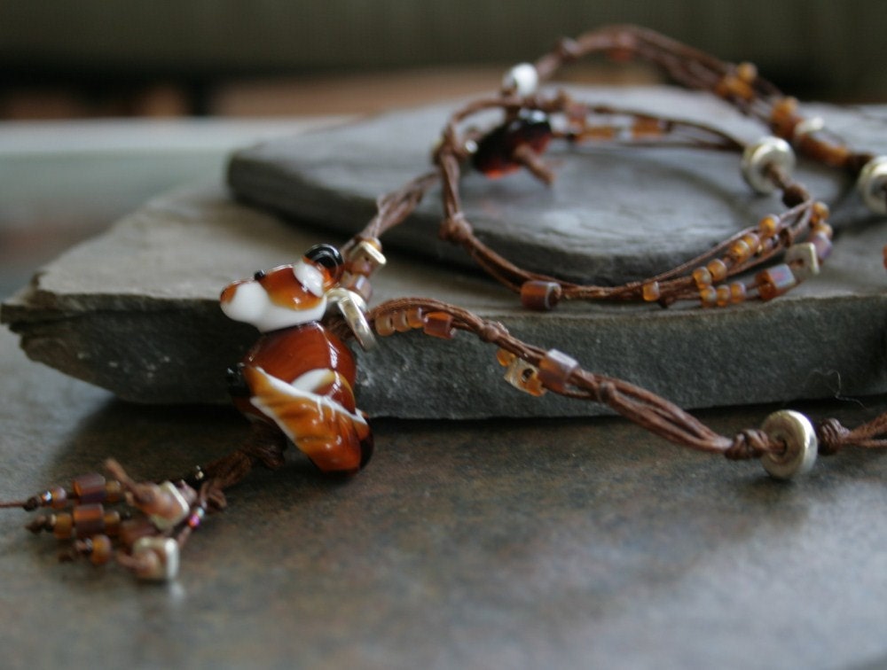 Artisan glass lampwork fox knotted necklace ... Out foxed ... sculptural glass fox bead fox necklace ... by simply cindy