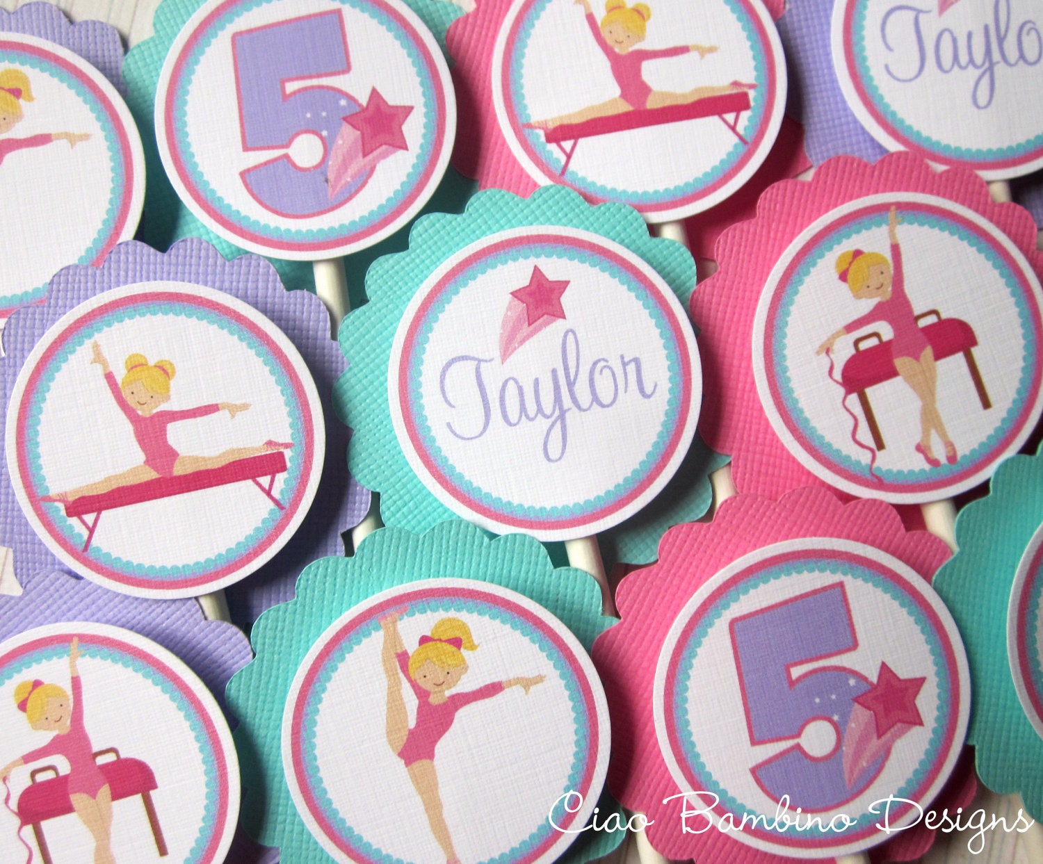NEW - Gymnastics Cupcake Toppers - Coordinating Party Decor Available