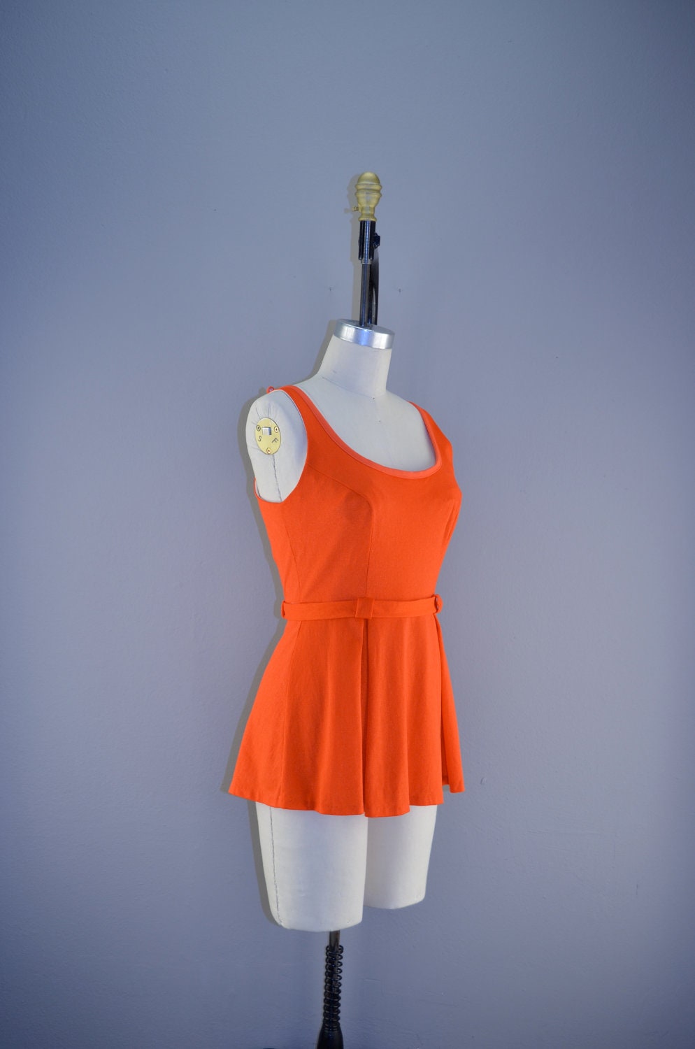 Bright orange 1960s 2 piece swimsuit 60s mod belted malliot high waist bottoms Retro bathing suit