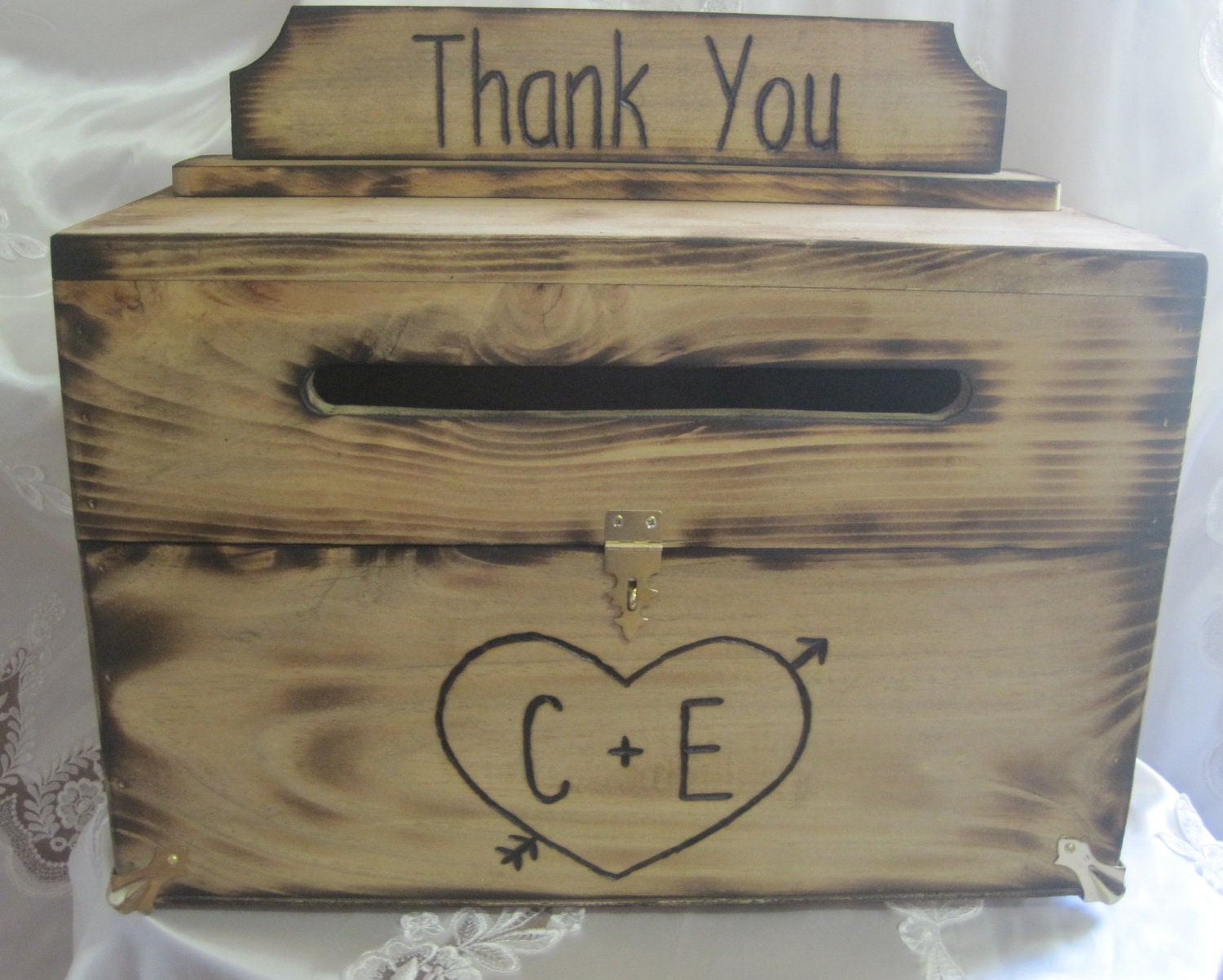 Rustic Wedding Card Box Keepsake Chest Woodburned Stained Personalized Custom Wood