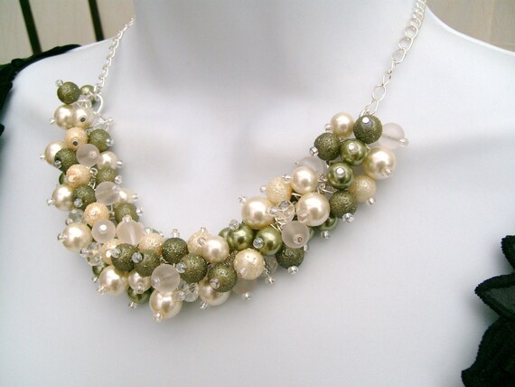 Items similar to Sage Green and Ivory Pearl Beaded Necklace, Bridesmaid