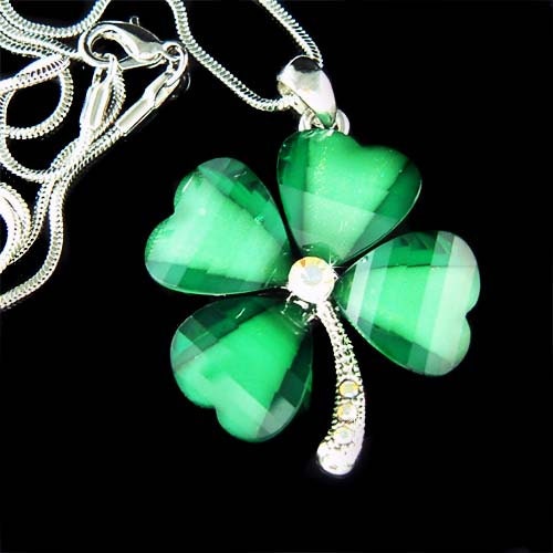 Irish Swarovski Crystal Saint Patrick's Day Lucky Four Leaf CLOVER SHAMROCK Pendant Charm Chain Necklace New Gift - Kashuen