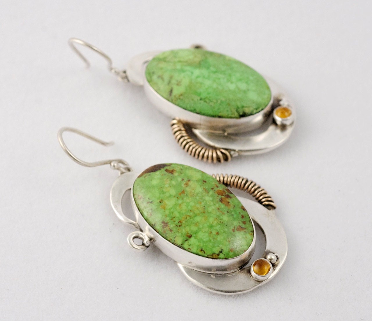 Vibrent Green Gaspeite and Citrine and Silver Earrings