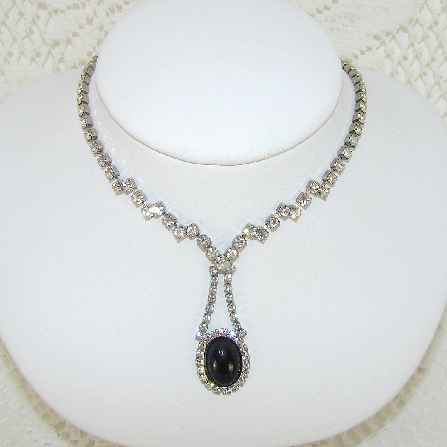 Vintage Rhinestone Necklace Black Drop Formal Wedding / Choker to 17 inch