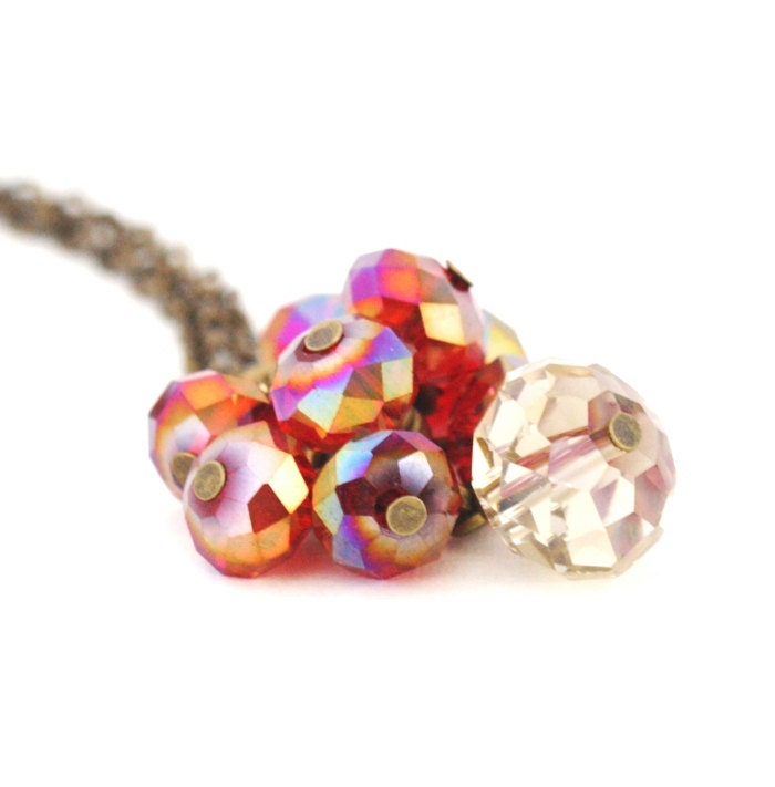 SALE, Crystal Necklace  Red and Champagne on a Brass Chain