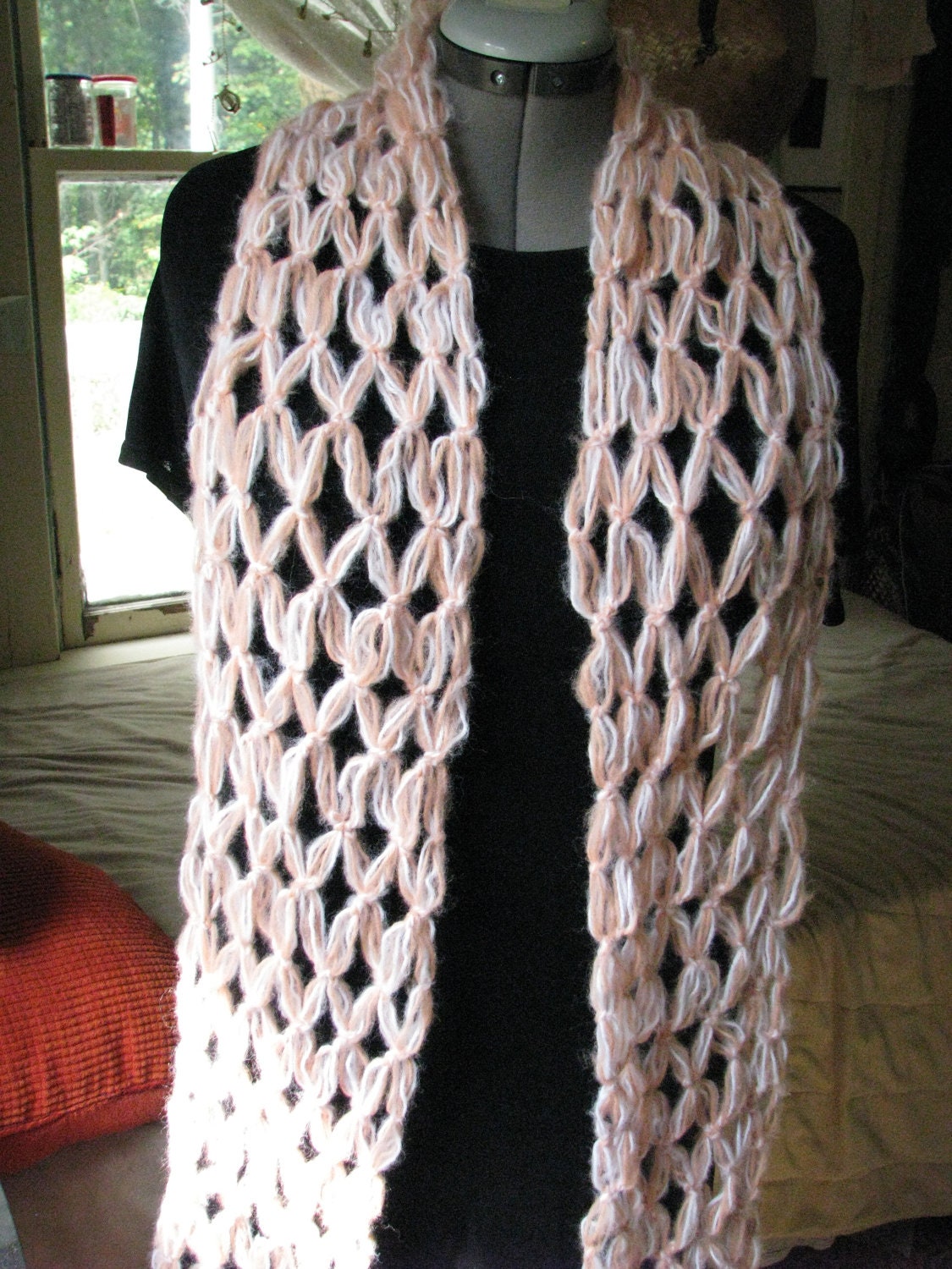 Long Mesh Crocheted Fuzzy light pink and white by Dreamcrafter