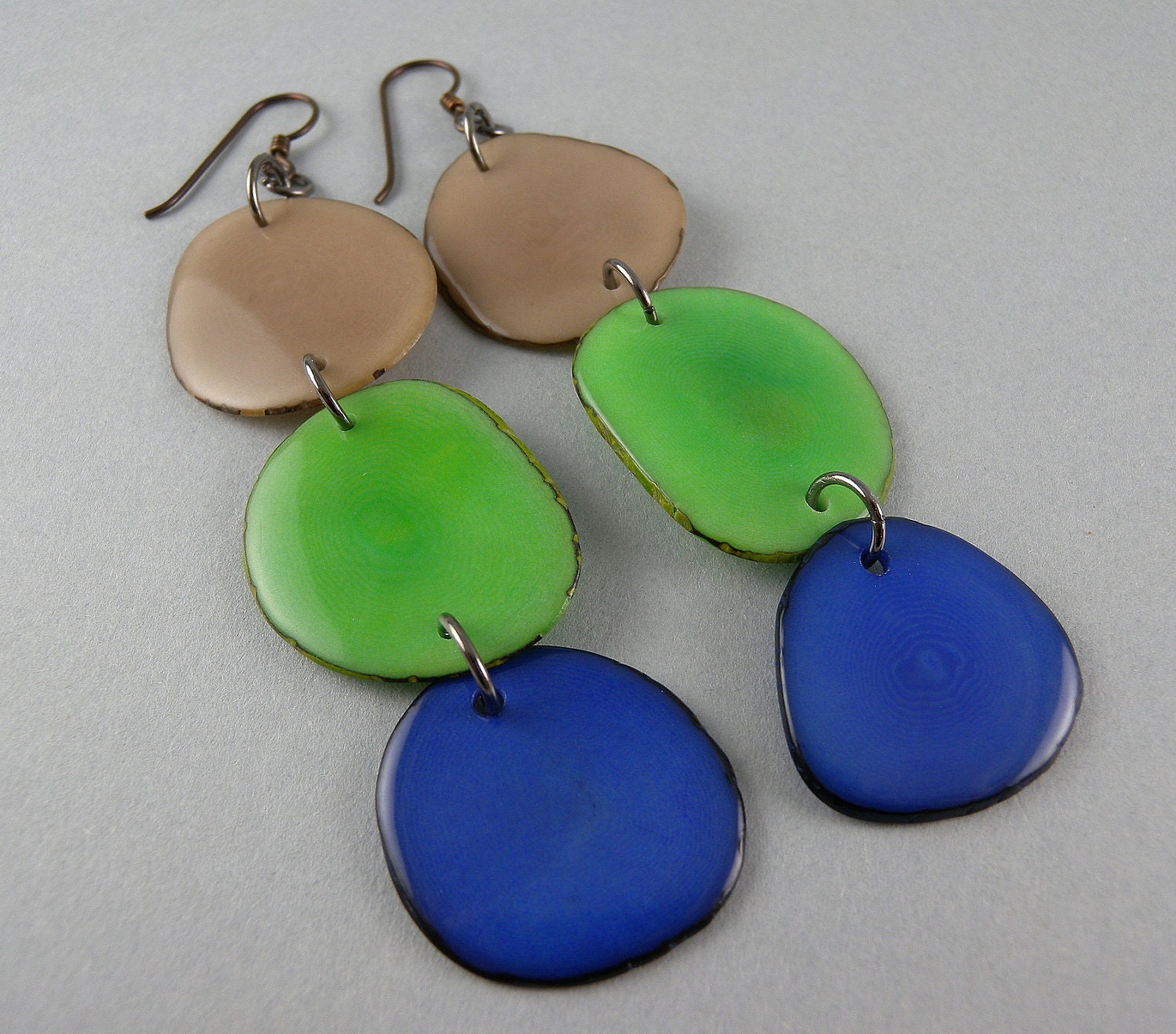 Khaki, Green, and Colalt Blue Shoulder Duster Trio of Tagua Nut Eco Friendly Earrings with Free Shipping