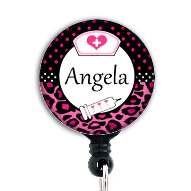 Retractable Badge Holder  - Personalized Pink Leopard Nurse
