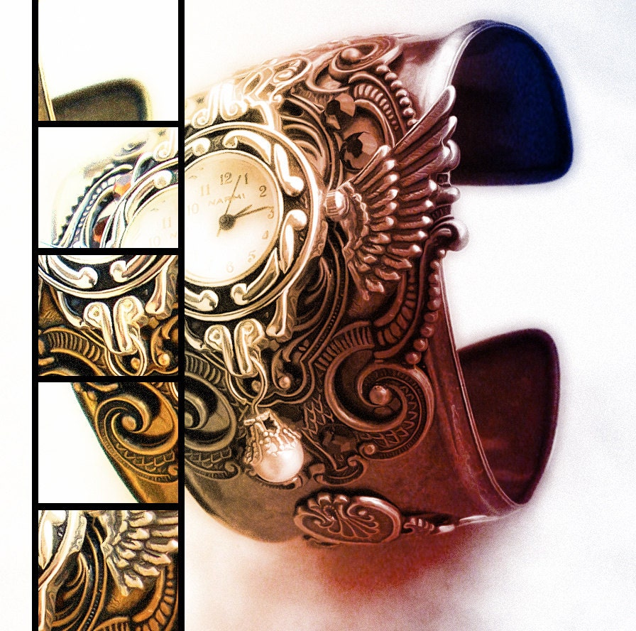 Steampunk Watch Cuff  Brass Silver Winged Mens Womens Steampunk Jewelry