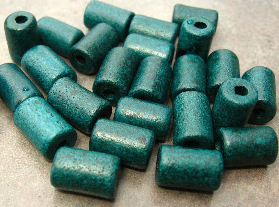 10 Greek Ceramic Beads DARK TEAL GREEN Small Tube Barrel 6x10mm Beads