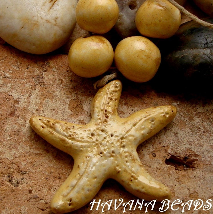 RUSTIC GOLDEN STARFISH - Handmade Ceramic Pendant with Coordinating Beads